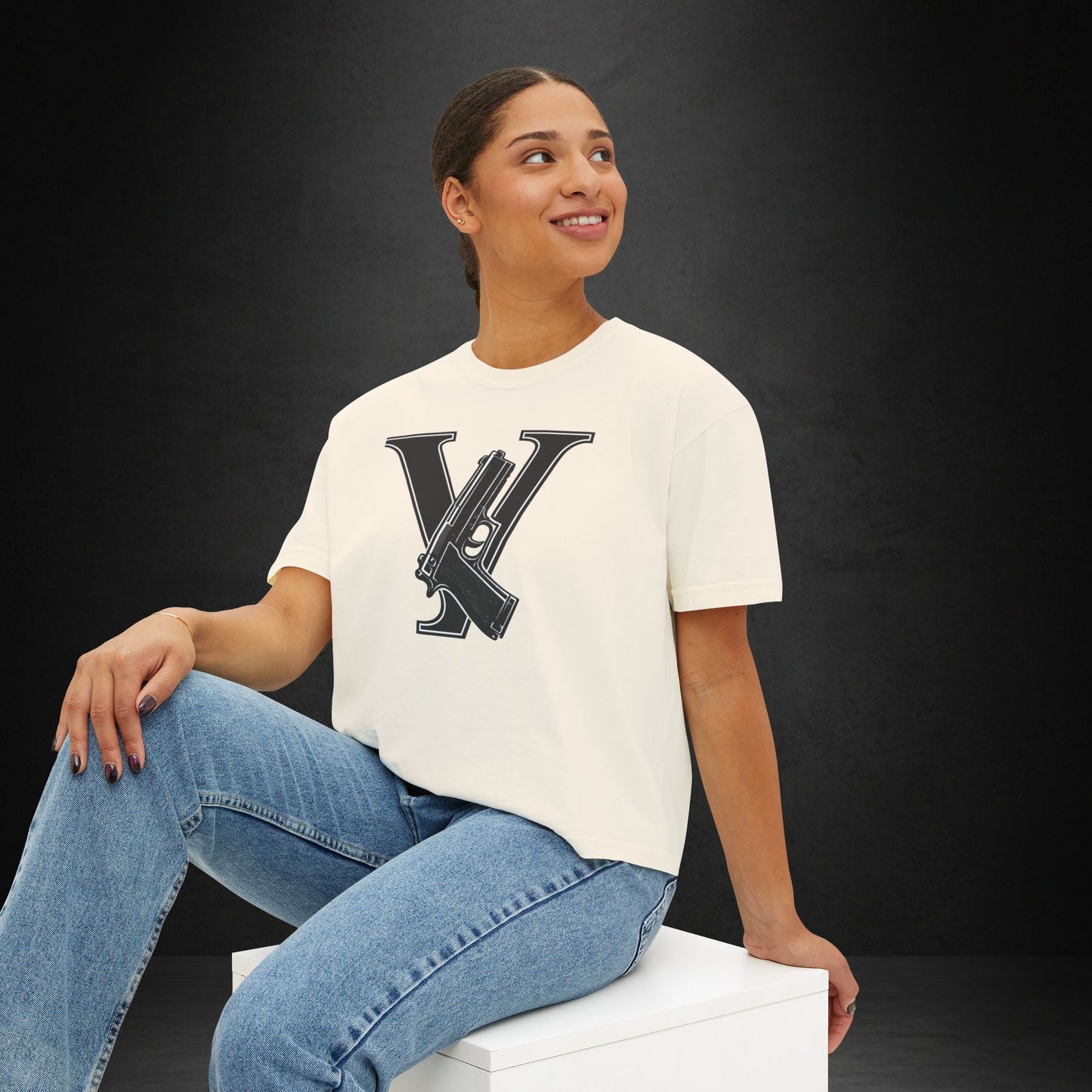 Women's Boxy Tee — Monogram 'V' with Pistol Graphic