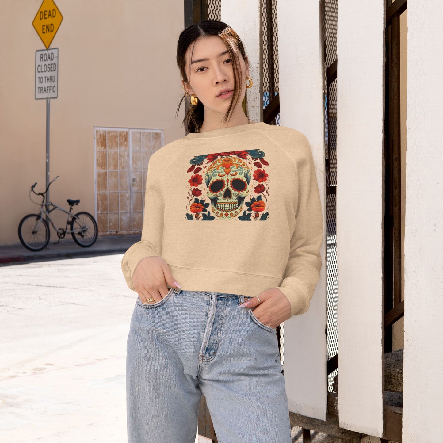 Cropped Pullover — Colorful Sugar Skull Floral Design