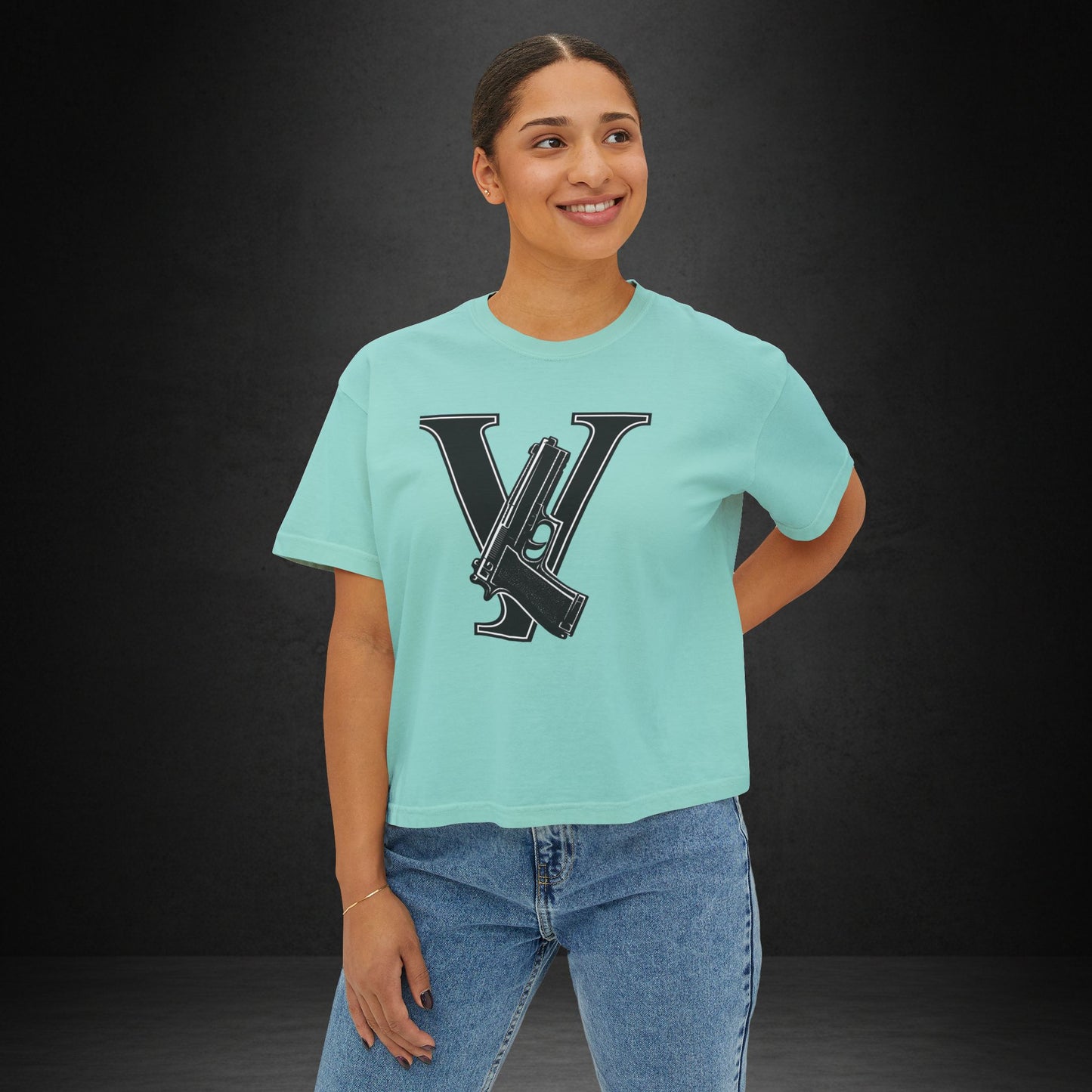 Women's Boxy Tee — Monogram 'V' with Pistol Graphic