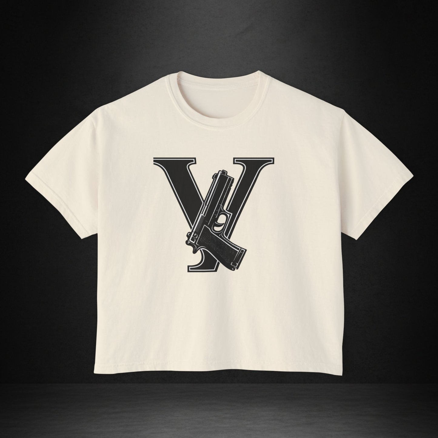 Women's Boxy Tee — Monogram 'V' with Pistol Graphic