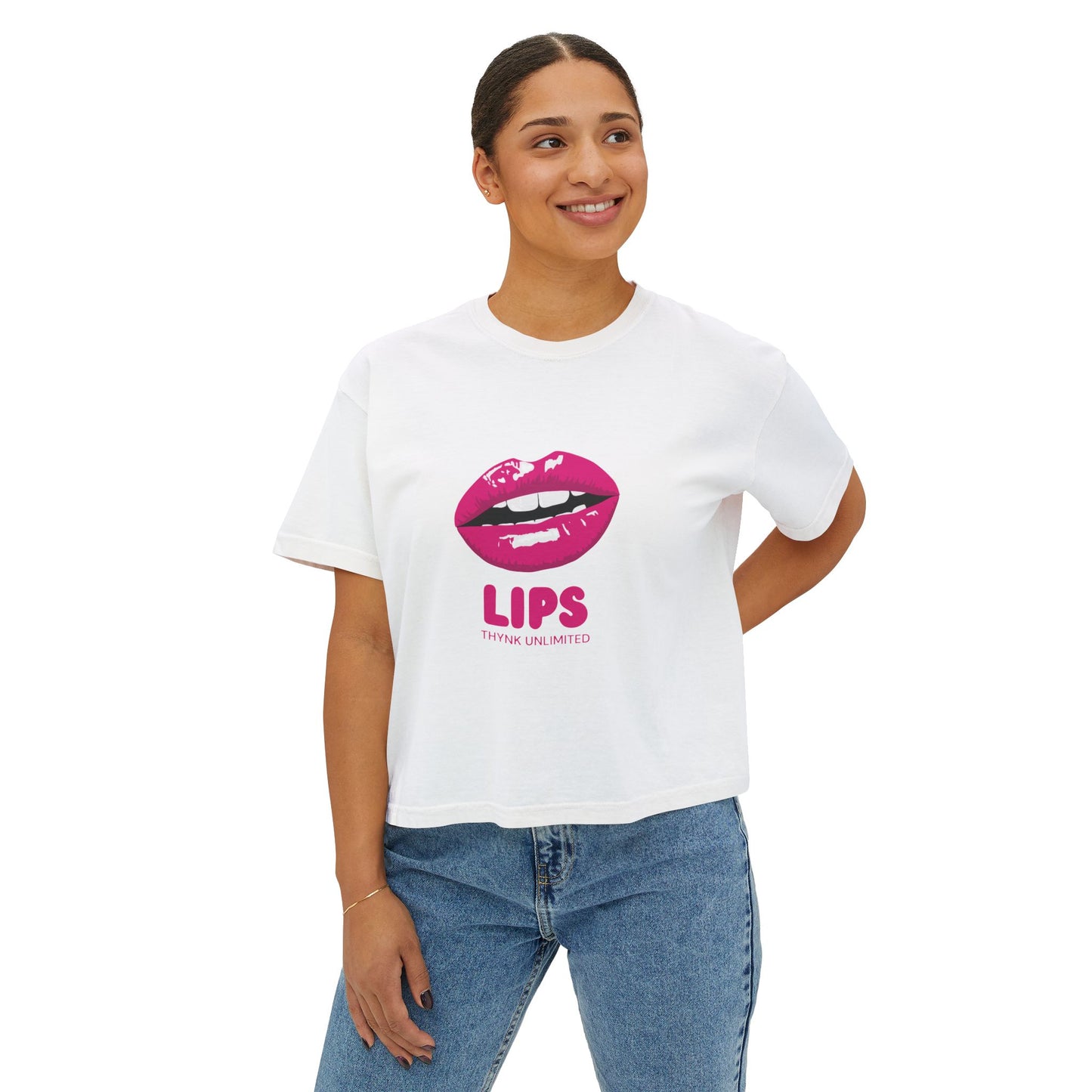 Women's Boxy Tee — Pink Lip Graphic "LIPS" Crop T-Shirt for Trendy Casual & Valentine's Day