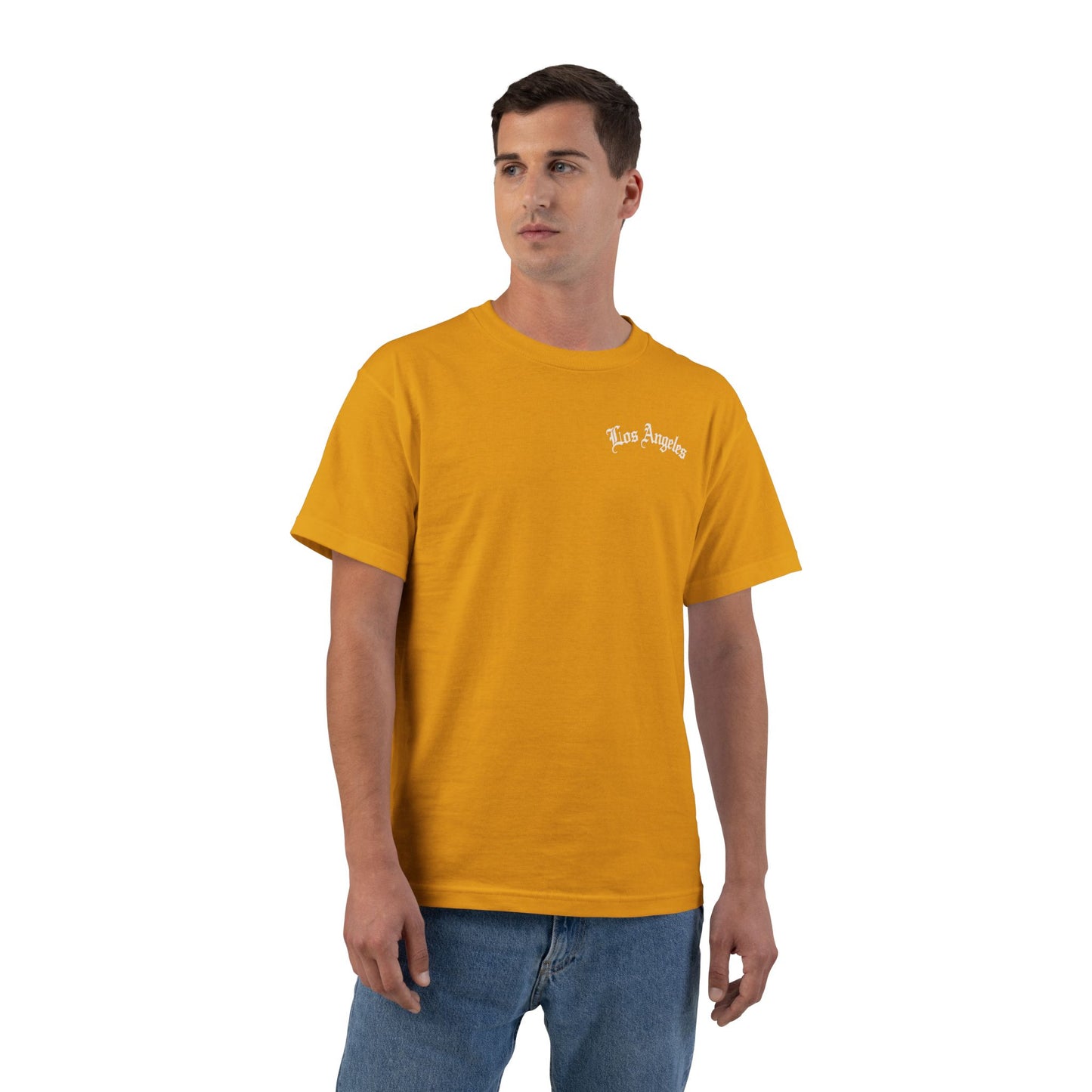 Los Angeles Vintage Script T-Shirt — Orange Graphic Tee with 'Los Angeles' Back Print