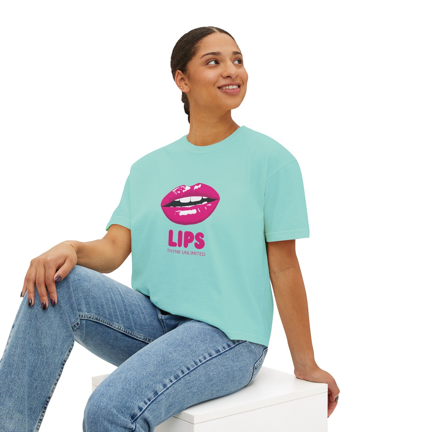 Women's Boxy Tee — Pink Lip Graphic "LIPS" Crop T-Shirt for Trendy Casual & Valentine's Day