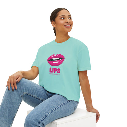 Women's Boxy Tee — Pink Lip Graphic "LIPS" Crop T-Shirt for Trendy Casual & Valentine's Day