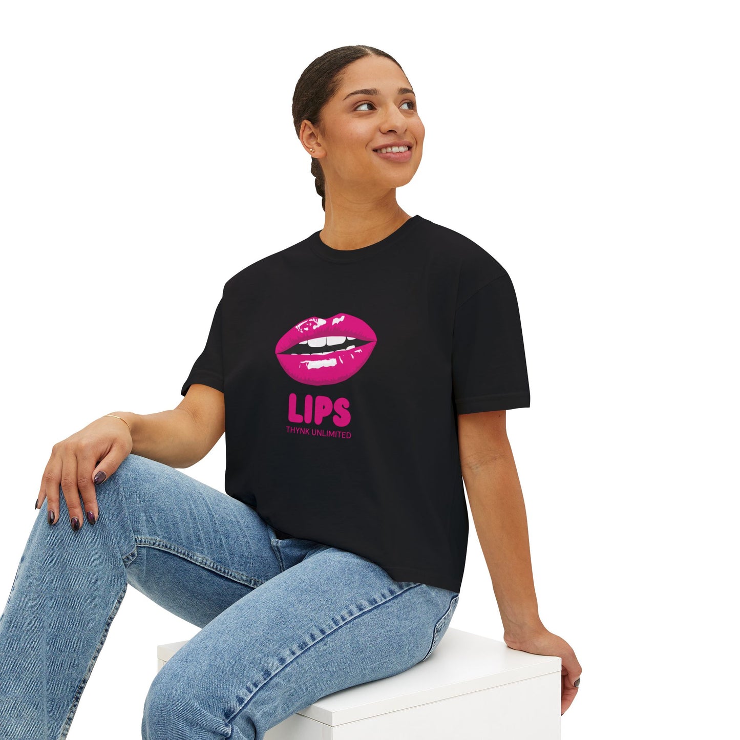 Women's Boxy Tee — Pink Lip Graphic "LIPS" Crop T-Shirt for Trendy Casual & Valentine's Day