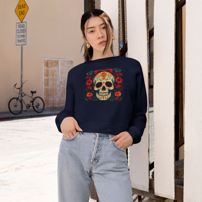 Cropped Pullover — Colorful Sugar Skull Floral Design
