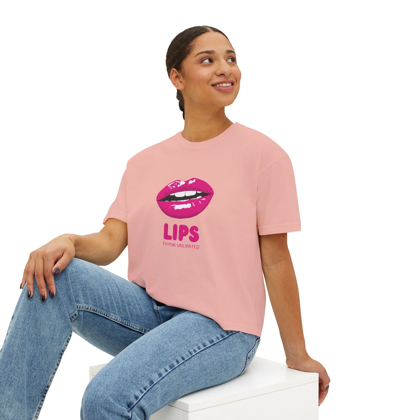 Women's Boxy Tee — Pink Lip Graphic "LIPS" Crop T-Shirt for Trendy Casual & Valentine's Day
