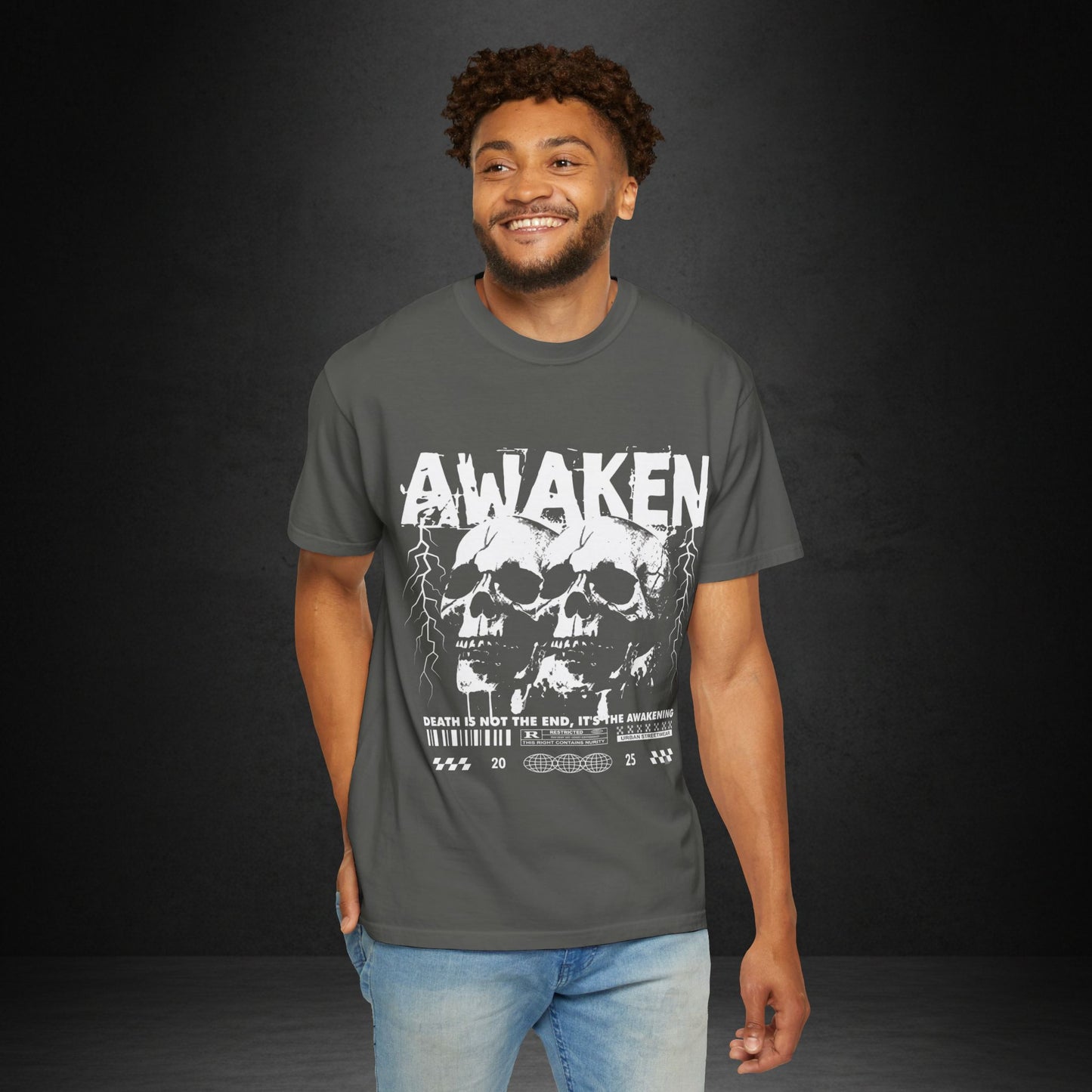 Awaken Skull Graphic T-Shirt — Gothic Lightning Band Tee