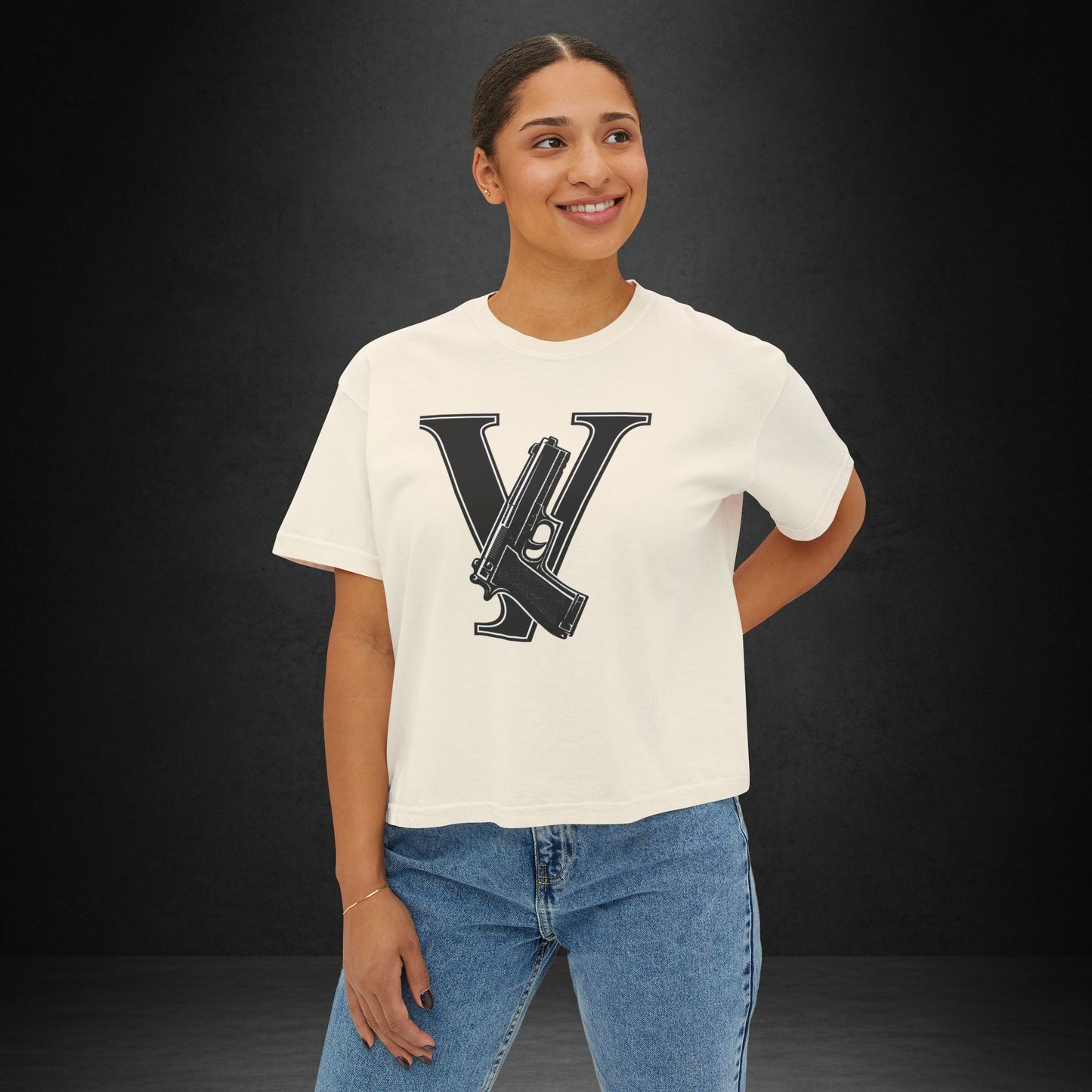 Women's Boxy Tee — Monogram 'V' with Pistol Graphic