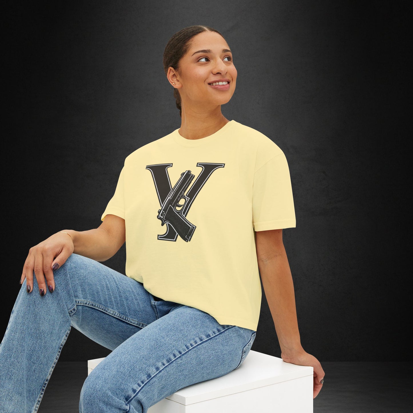 Women's Boxy Tee — Monogram 'V' with Pistol Graphic