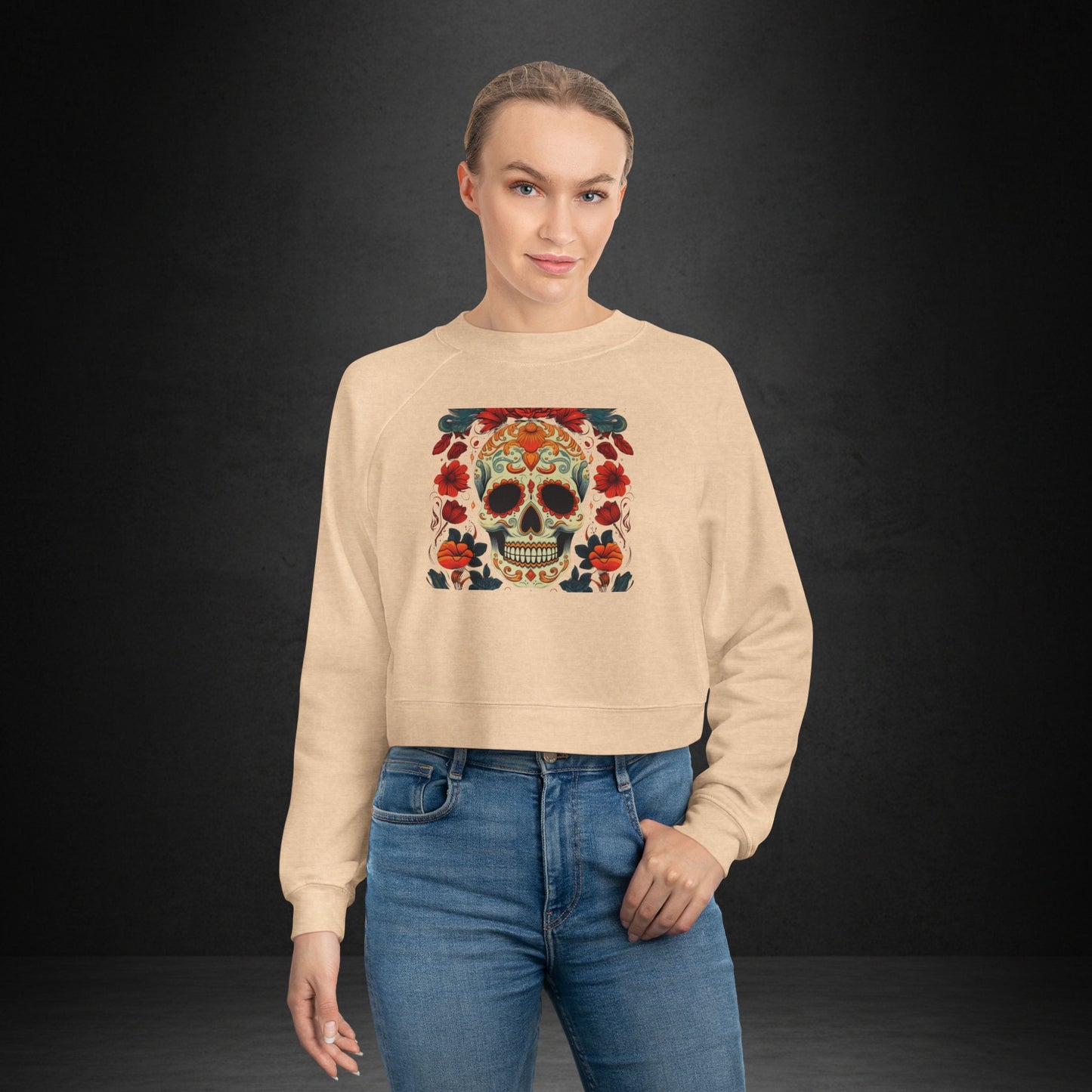 Cropped Pullover — Colorful Sugar Skull Floral Design