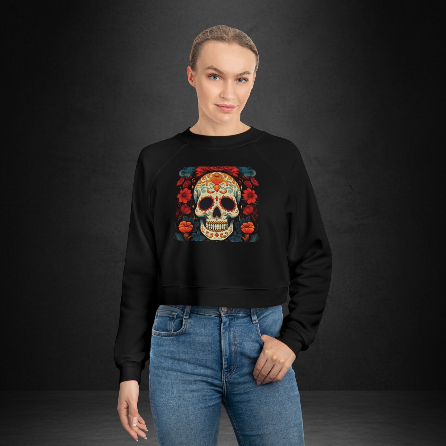 Cropped Pullover — Colorful Sugar Skull Floral Design