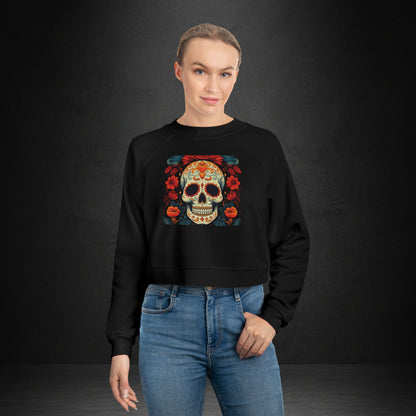 Cropped Pullover — Colorful Sugar Skull Floral Design