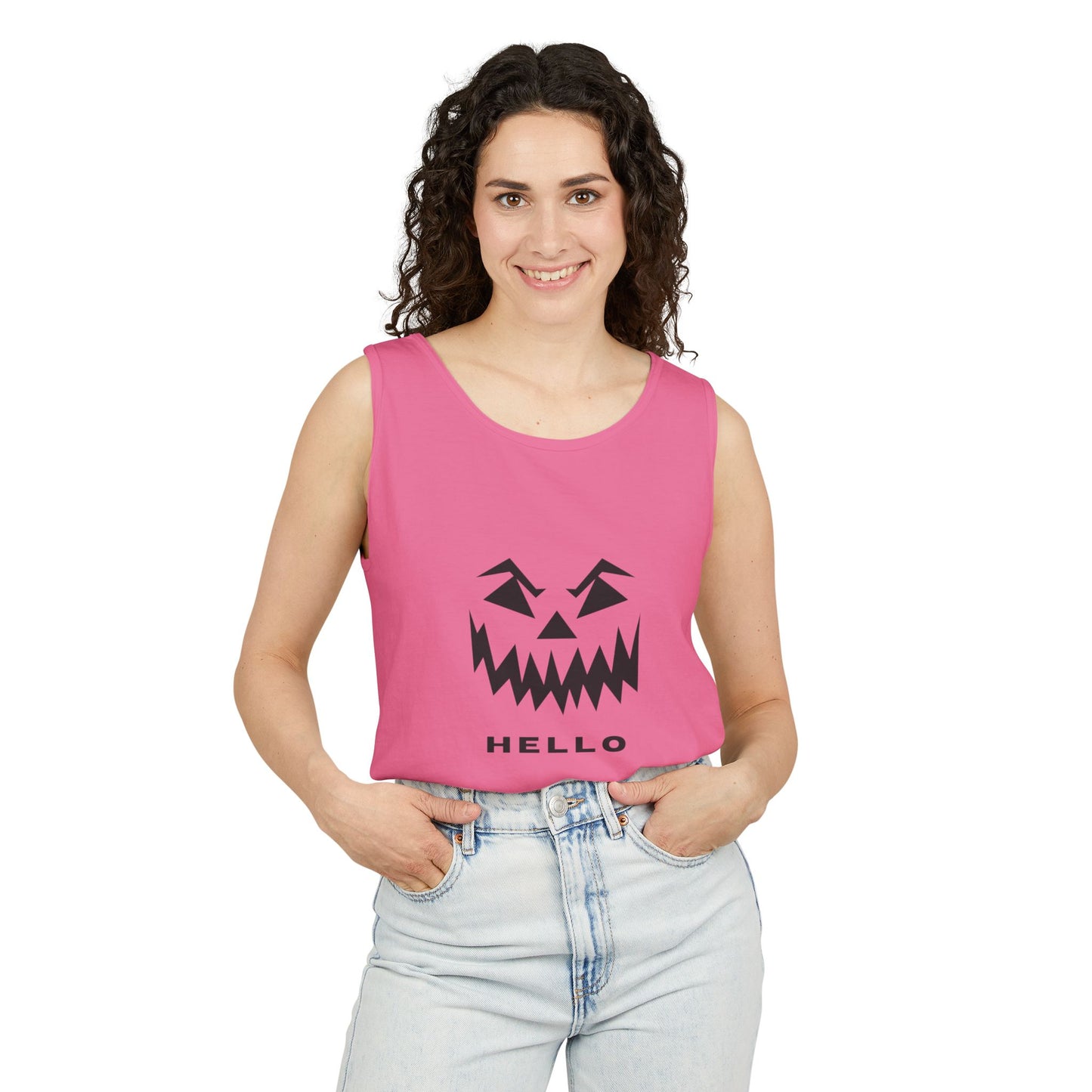Halloween Jack-O'-Lantern Tank Top — 'HELLO' Pumpkin Face Graphic