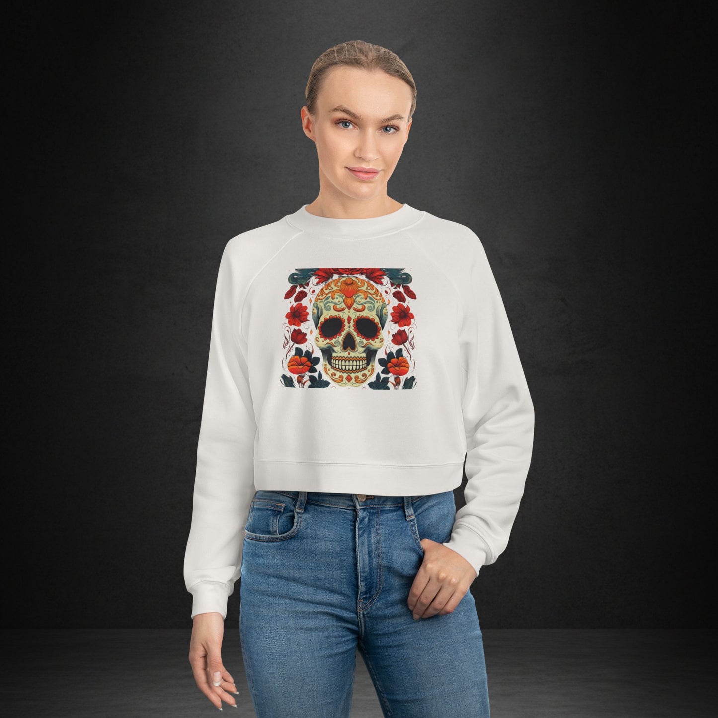 Cropped Pullover — Colorful Sugar Skull Floral Design